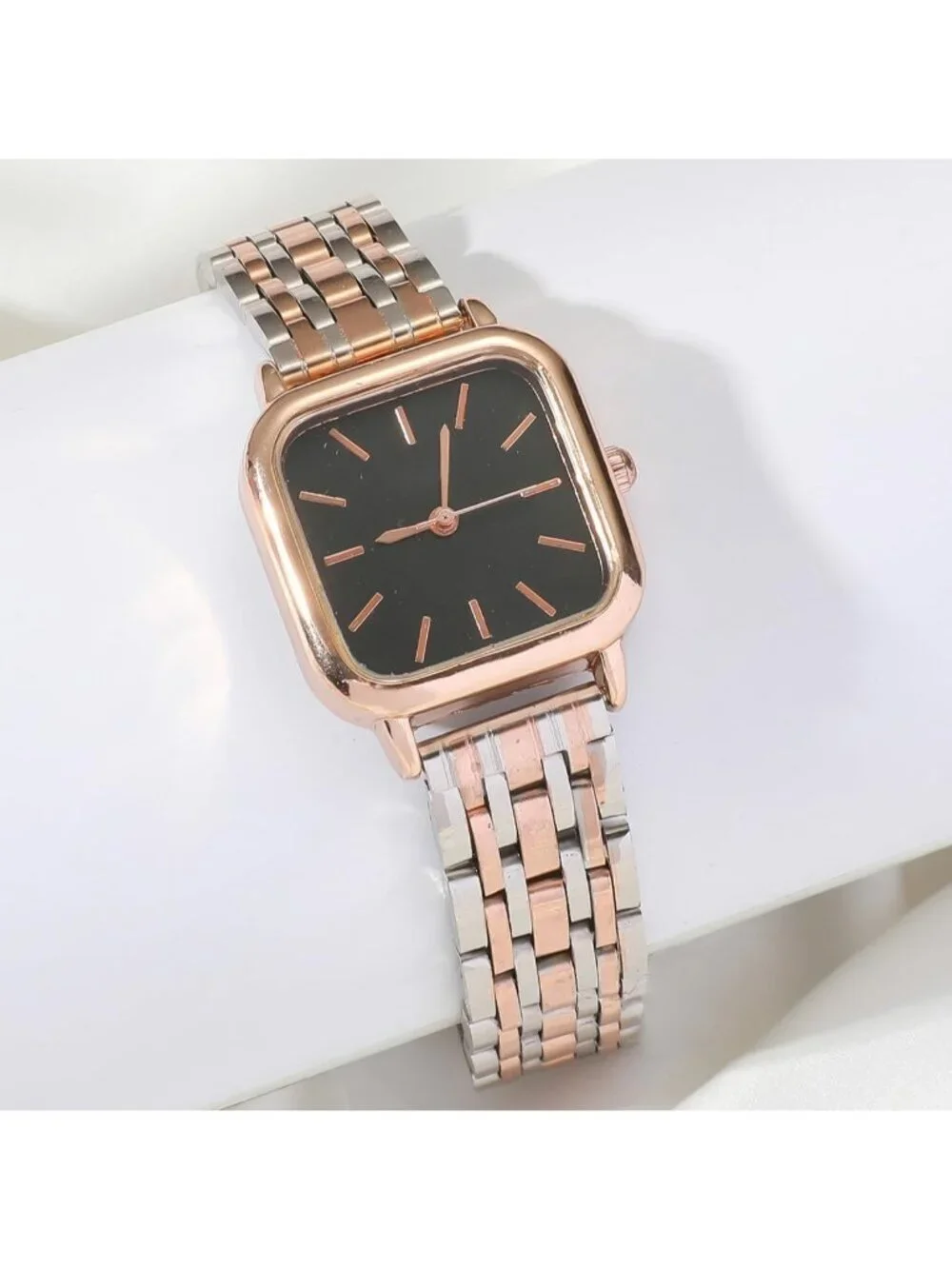 Women's Black Analog Quartz Rose Gold Stainless Steel Square Dial Bracelet Watch